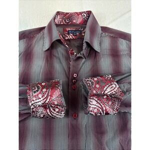 Blu Polifroni Shirt Mens XL Red Plaid Long Sleeve Flip Cuff Contrast Trim Preppy